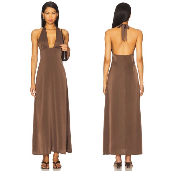 WeWoreWhat x REVOLVE Halter Deep V Maxi Dress in Chestnut Brown Halter 4 Small - Picture 1 of 2
